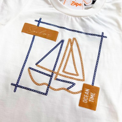  Conj. Camiseta Ocean Time e Bermuda - Off White e Marinho
